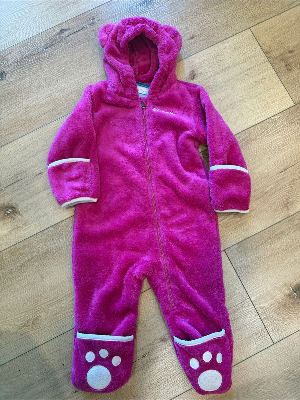 Columbia Hot Pink Fleece Hooded Baby Footie with Paw Soles